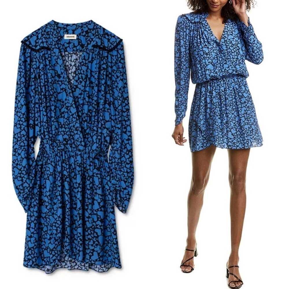 Zadig & Voltaire Designer Black & Blue Heart Print V-Neck Mini Dress Size Small